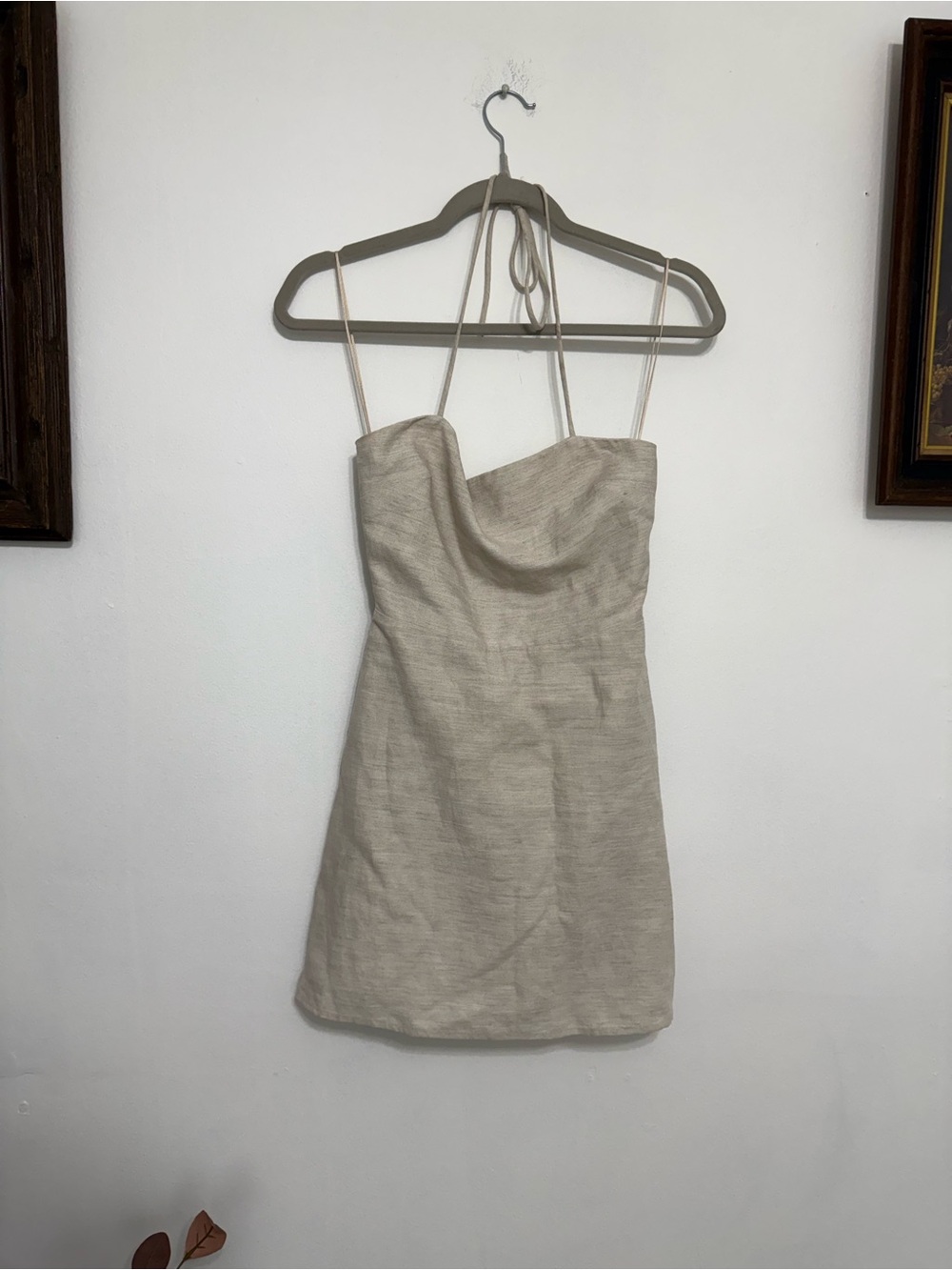 Wilfred Neutral Beige Strapless Cowl Mini Dress
